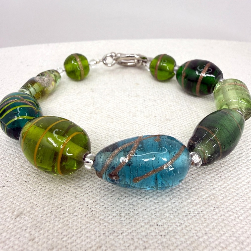Lampwork Glass Bead Bracelet Blue Green Silver Tone Toggle‎ Clasp Boho Artsy